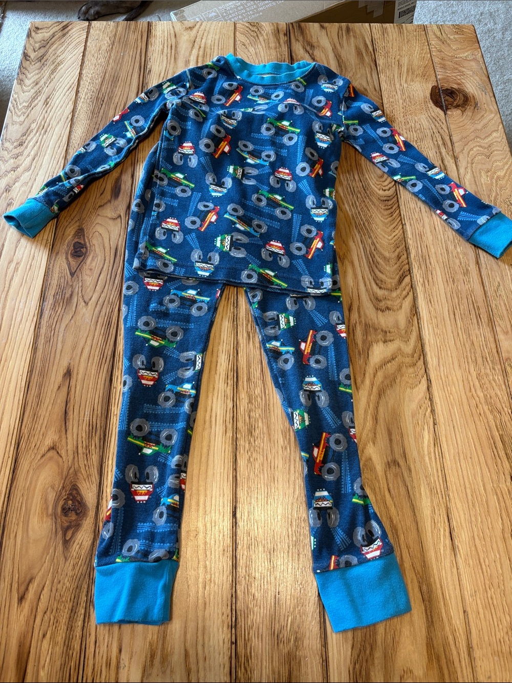 Kirkland Signature Navy Blue Monster Truck Pajama Set with Teal Cuffs
